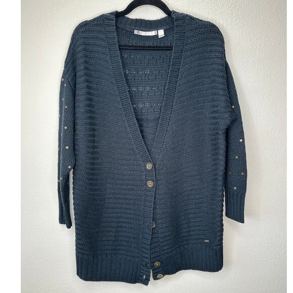Volcom Black Knit Cardigan Gold Studded Sleeves Front Gold Buttons XS / S - Picture 3 of 16